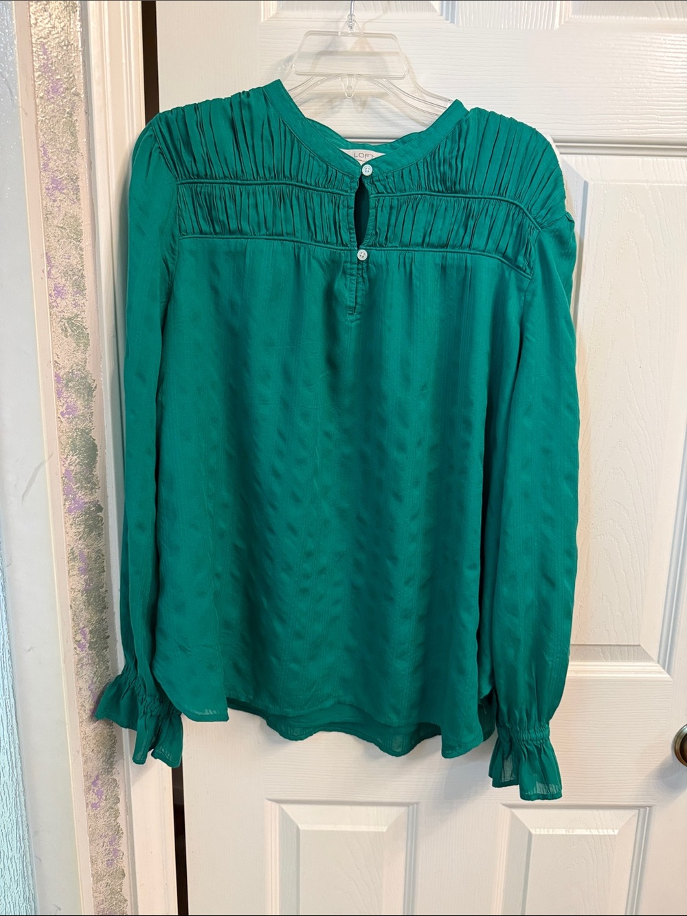LOFT Teal Green Pleated Yoke Long-Sleeve Blouse